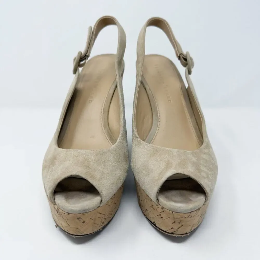 Veronica Beard Tan Suede Peep Toe Slingback Cork Wedges Women's Sz 8.5 High Heel